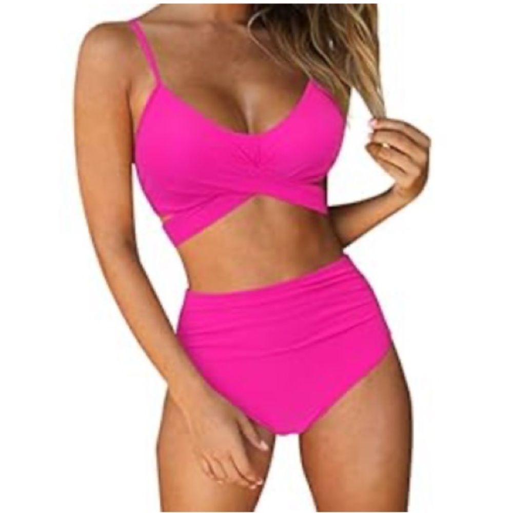 Amazon | RUUHEE | Women’s Criss Cross High Waisted 2 Piece Bathing Suit - Pink